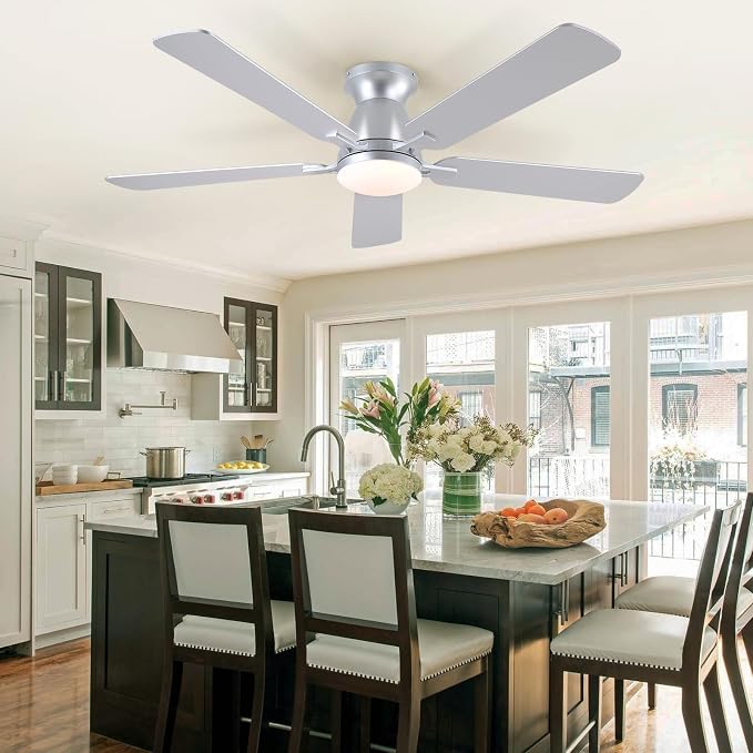 52 Inch Ceiling Fans with Lights and Remote, Flush Mount, Silver | Low Profile, Dimmable LED, Reversible, Quiet DC Motor, Wooden Blades, for Modern Apartment Bedroom Home Office Living Room
