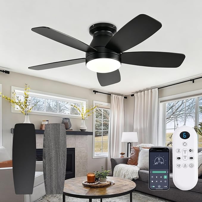FUMLTP 42inch Ceiling Fans with Lights, Low Profile Ceiling Fan with Light and Remote Control, Flush Mount, Reversible DC Motor, Dimmable, Quiet, Black Small Ceiling Fan for Bedroom Indoor/Outdoor Use