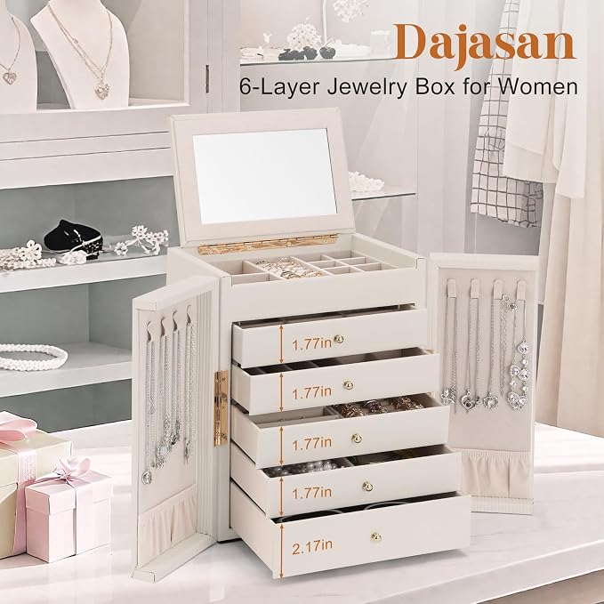 Dajasan Large Jewelry Organizer Box, Jewelry Boxes for Women Girls, 6-Tier Jewelry Storage Organizer with Mirror for Necklace Ring Bracelet Watch, Gift Idea (Beige)