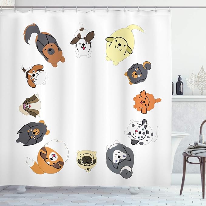 Ambesonne Dog Shower Curtain, Various Different Dogs in Cartoon Style Looking up in Circle Characters, Cloth Fabric Bathroom Decor Set with Hooks, 69" W x 84" L, Cinnamon Grey White