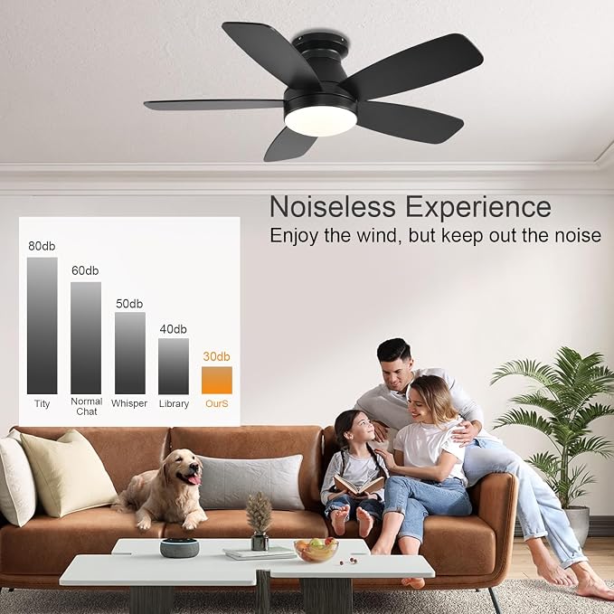 JSAITEE Ceiling Fans with Lights, 42 Inch Low Profile Ceiling Fan with Light and Remote/App Control, Flush Mount, Reversible, 3CCT, Dimmable, Noiseless, Black Ceiling Fan for Indoor/Outdoor Use