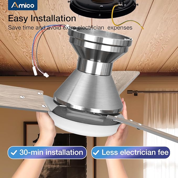 Amico 2 Pack Ceiling Fans with Lights, 42 inch Low Profile Ceiling fan with Light and Remote Control, Flush Mount, Reversible, 3CCT, Dimmable, Noiseless, Nickel Ceiling Fan for Bedroom, Indoor/Outdoor