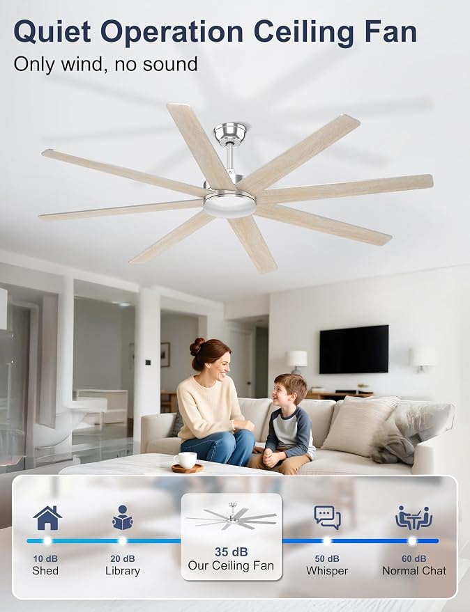 72'' Silver Large Ceiling Fan No Lights for Garage Shop | Remote/APP Control, 7138 CFM Airflow, Quiet DC Motor, Reversible Airflow, 8 Blades Overhead Fan for Covered Outdoor Patio