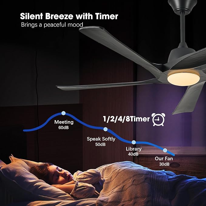 60 Inch Solid Wood Ceiling Fan with Light, Remote and APP Control, 3-color Dimmable, DC Motor, 6-speed Reversible, Farmhouse Ceiling Fans for Bedrooms, Outdoor Patios, Black