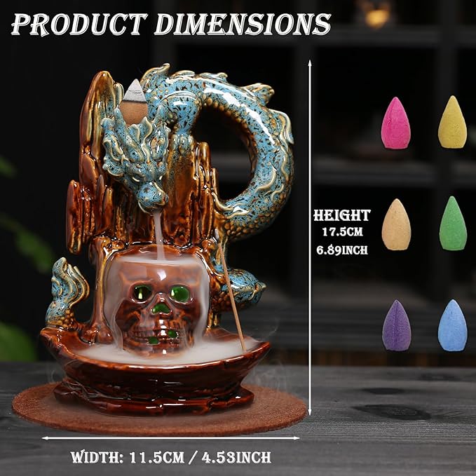 Skull Dragon Incense Burner Holder - LED Backflow Waterfall Cone Incense Holder, Ceramic Unique Skeleton Burner with Cones & Sticks for Halloween/Aromatherapy/Yoga/Home/Room/Office Deco