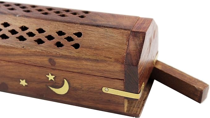 Sheesham Wood Incense Burner Holder - Set of 2 Coffin Style Sun Moon Inlay Handmade Aromatherapy Room Freshener Fragrance Cone Incense Stick Burner Ash Catcher - Zen Home Gift - 12x2x2 - COTTON CRAFT