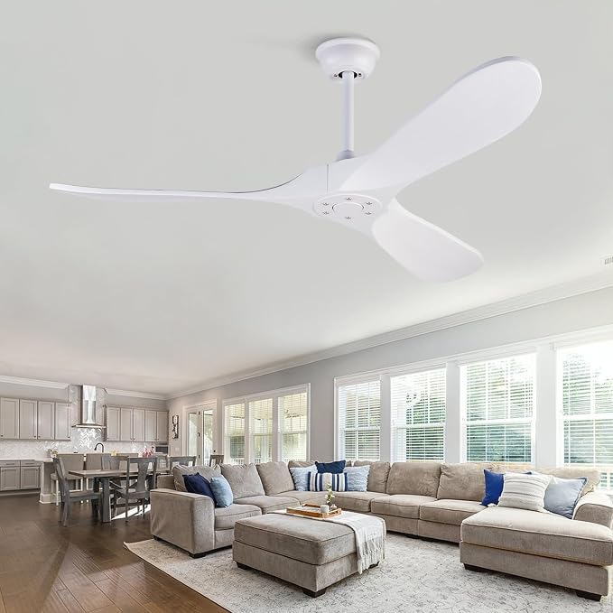 Ceiling Fans without Lights, 52 Inch Ceiling Fans no Lights with Remote Control, 3 Solid Wood Blades， Indoor Outdoor Ceiling Fan for Living Room Patios Bedroom Kitchen (White Blades)