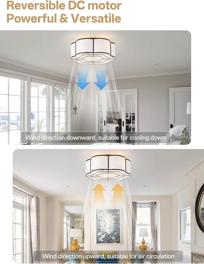 20" Farmhouse Ceiling Fan with Lights Flush Mount, Brown Enclosed Ceiling Fans with Lights Remote Control, Caged with 6 Speeds for Bedroom, Living Room, Nursery