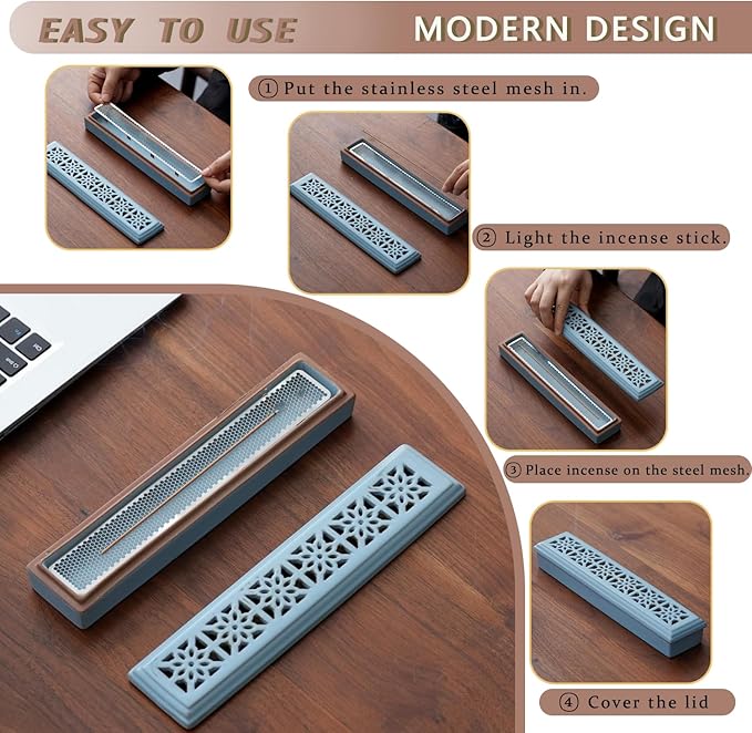 CEREMONY Incense Holder for Sticks, Ceramic Insence-Stick Holder Ash Catcher, Incense Holder Timkburner for Meditation Yoga Spa Room Incense Holder (Mesh-Blue)