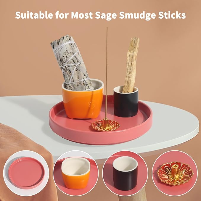 4 in 1 Incense Holder, 5.5" Ceramic Palo Santo Stick Holder, Sage Holder for Burning, Sage Incense Burner for Meditation Yoga Room and Home Decor