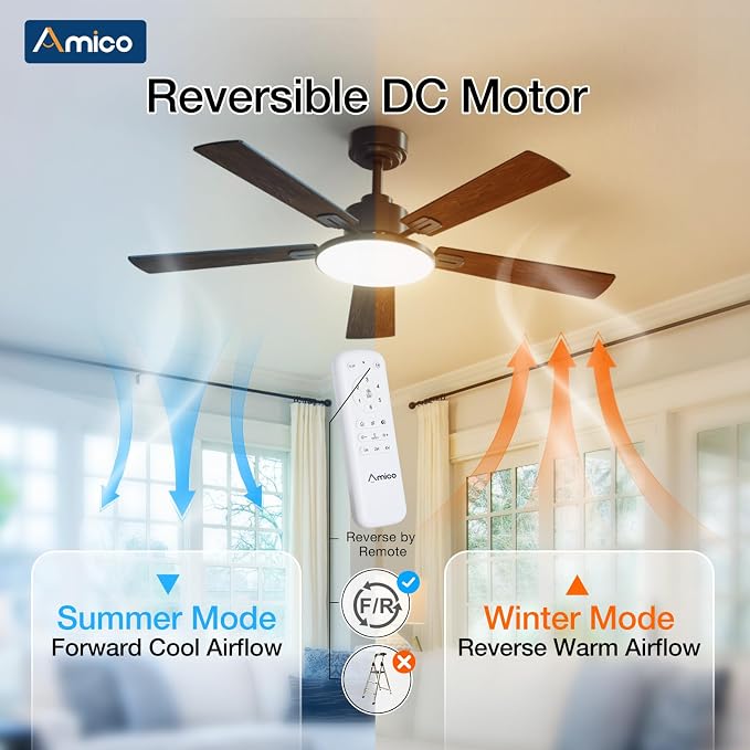 Amico 52 Inch Smart Ceiling Fan with Lights, Remote/App/Alexa/Google Control, WiFi Modern Downrod Mount Ceiling Fan, Reversible DC Motor, 6 Speeds, 3CCT, Dimmable, Quiet for Bedroom/Living Room, Black