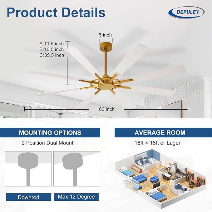 Ceiling Fan Without Light: 66 Inch Big Indoor Outdoor Fan with Remote APP Control - Brass White Large Ceiling Fan no Light 8 Blade Reversible Quiet DC Motor Memory Function Timer