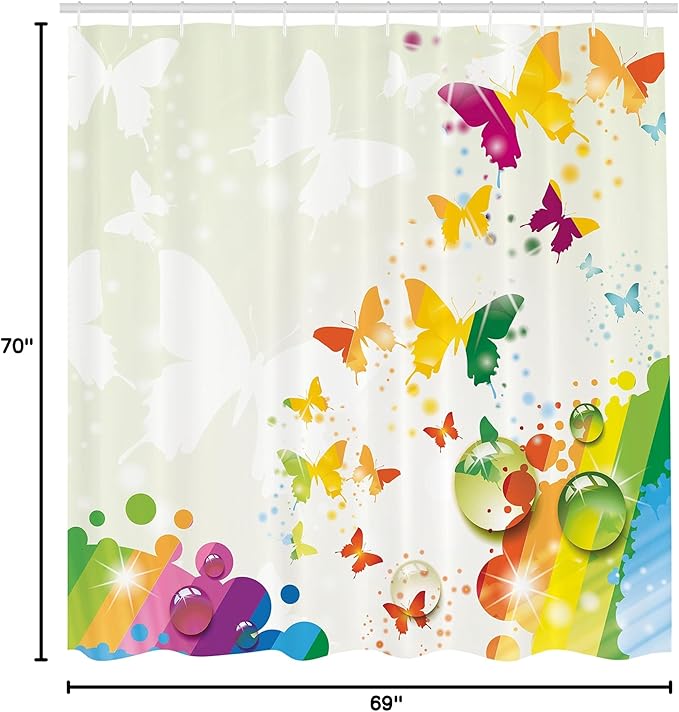 Ambesonne Colorful Shower Curtain, Silhouettes of Butterflies Freedom of The Nature Festival Art Print, Cloth Fabric Bathroom Decor Set with Hooks, 69" W x 70" L, Pale Green White Multicolor