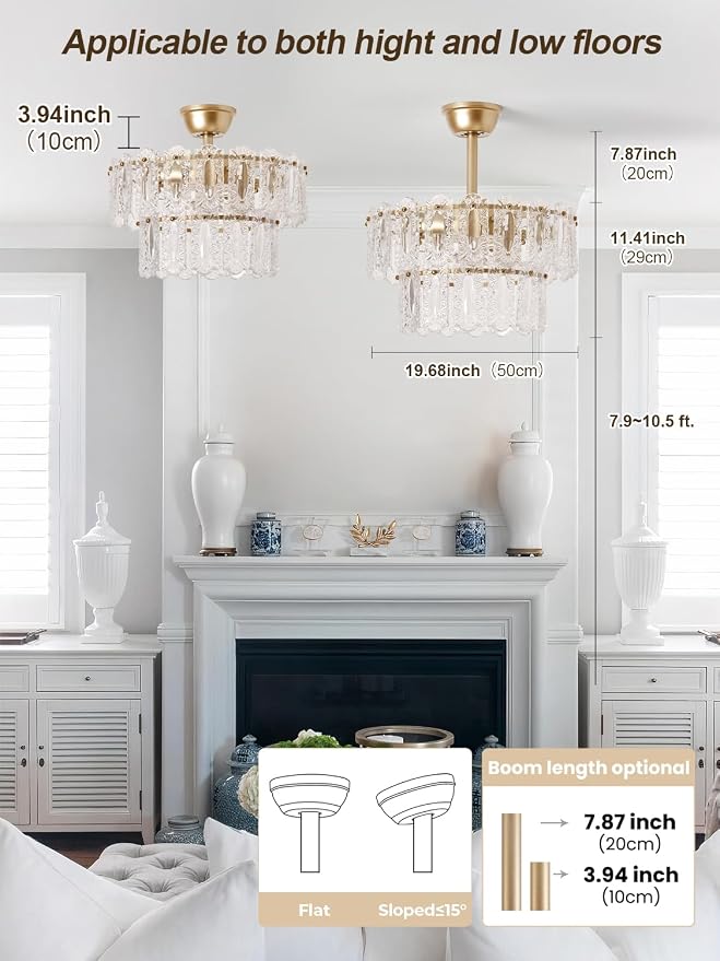 Gold Crystal Fandelier Ceiling Fan with Light, 20" Caged Chandelier Ceiling Fan with Light Remote Control, Mid-Century Enclosed 6 Speeds for Bedroom, Nursery, Living Room, Foyer