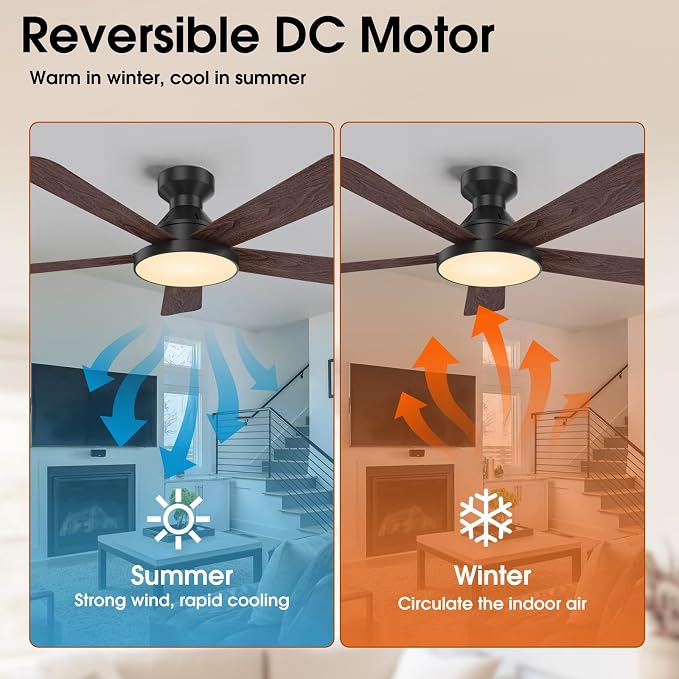 Ceiling Fans with Lights, 46" Low Profile Ceiling Fan with Light, Remote/App Control, Flush Mount Black Ceiling Fan for Bedroom, Indoor/Outdoor (Dark Wood)