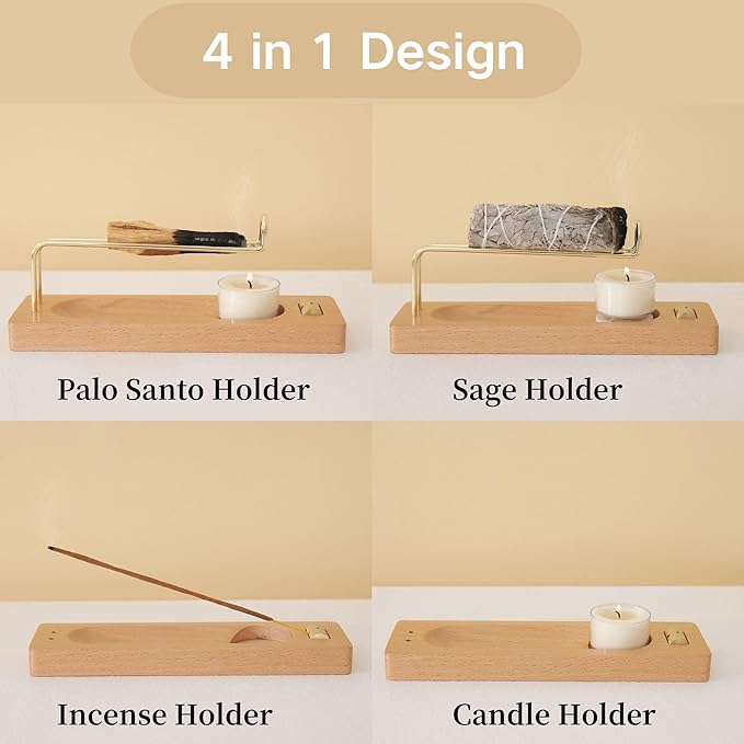 4 in 1 Incense Holder for Burning Palo Santo & Sage Sticks & Insence-Stick and Candle, Lasting Burning Wooden Palo Santo and Sage Burner Smudge Bowl for Yoga Meditation Spiritual Altar