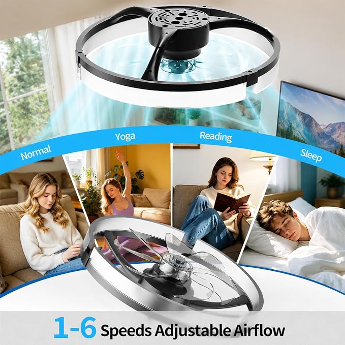 Ceiling Fans with Lights and Remote, 20'' Low Profile Ceiling Fan, 1-6 Wind Speeds, 3000-6500K Dimmable Flush Mount LED Fan Light, Modern Fandelier Ceiling Fans for Bedroom