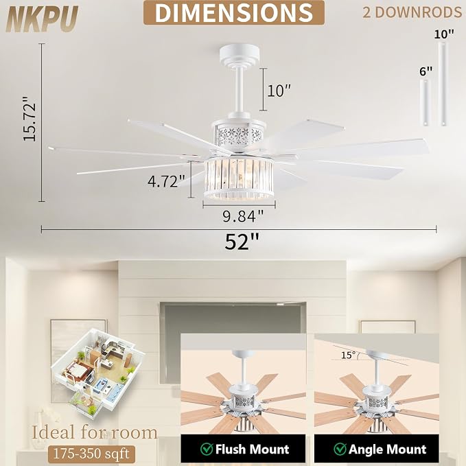 NKPU 52" Farmhouse Crystal Ceiling Fans with Lights and Remote, Chandelier Industrial Ceiling Fan with Dual 8 Blades, 6 Speed Reversible Motor, Timing, White Ceiling Fan for Living room, Bedroom