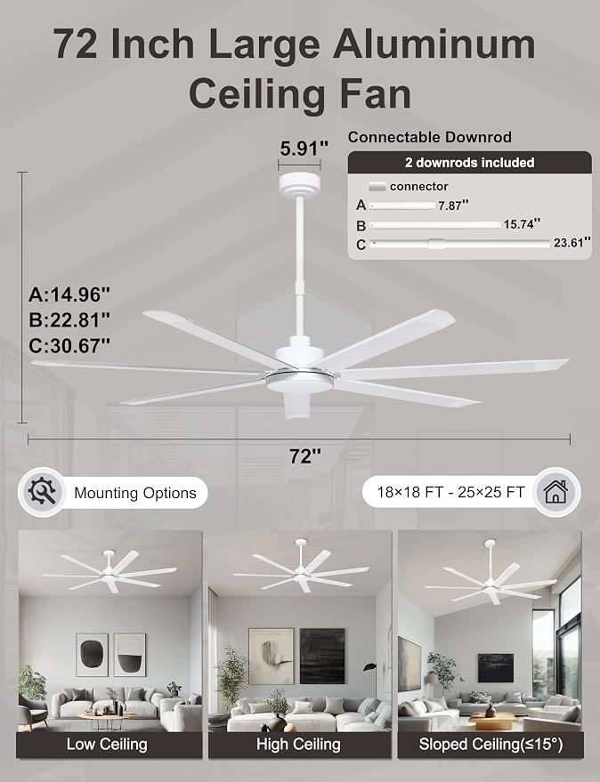 Ohniyou 72'' Industrial Ceiling Fan with Light for Patio, Garage, White | 8000 CFM Airflow, 35dB DC Motor, 7 Aluminum Blades, 3CCT Dimming, Remote/APP Control, Covered Outdoor Metal Fan