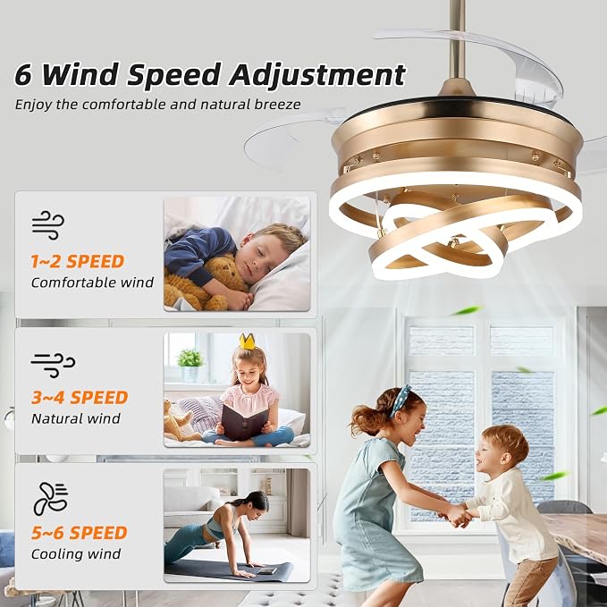 Retractable Ceiling Fan with Lights,Dimmable,6 speeds,DC Motor,Modern DIY Ceiling Fan with Lights Remote Control for Bedroom Living Room Kitchen (Gold, 36 inch)