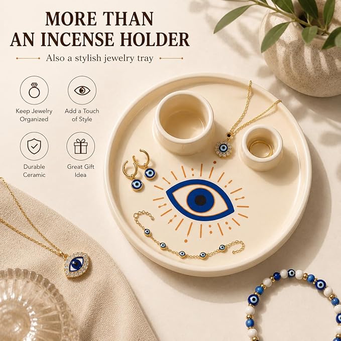 Incense & Palo Santo Holder – 6.5'' Ceramic Sage Burner for Sticks, Bundles, Cones, Candle & Tealight with Ash Catcher – Jewelry Tray, Smudge Pot, Home Décor, Meditation Gift (Blue Eye)