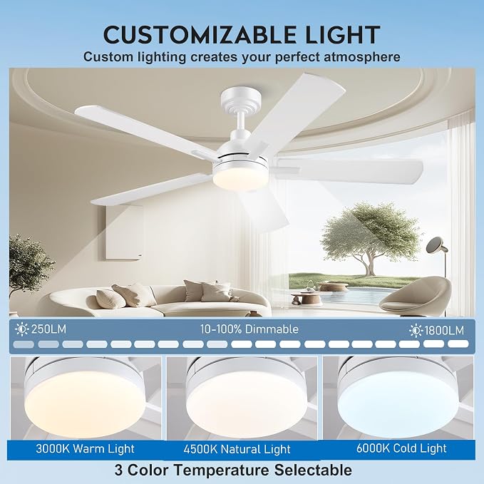JSAITEE 52 Inch Smart Ceiling Fan with Lights, Remote & App Control, DC Reversible Motor, 6 Speeds Quiet 35dB, 3CCT Dimmable LED, Low Profile Modern Ceiling Fans for Bedroom Living Room, White