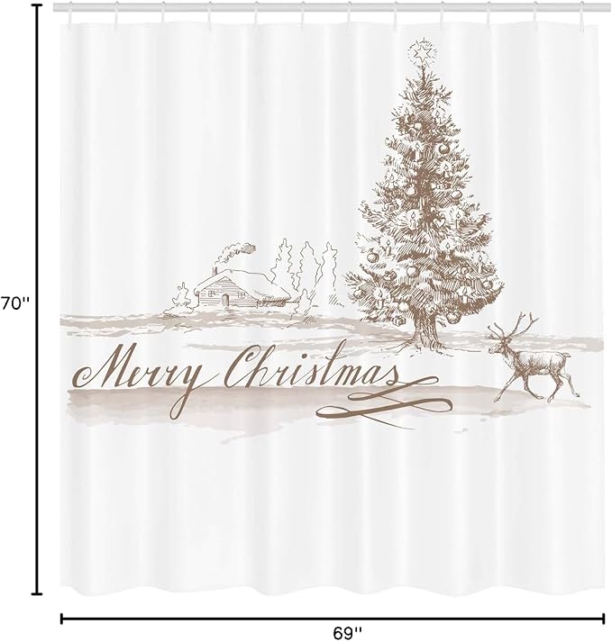 Ambesonne Christmas Shower Curtain, Romantic Vintage New Year Scenery with Reindeer Tree and Star Design Image, Cloth Fabric Bathroom Decor Set with Hooks, 69" W x 70" L, Brown