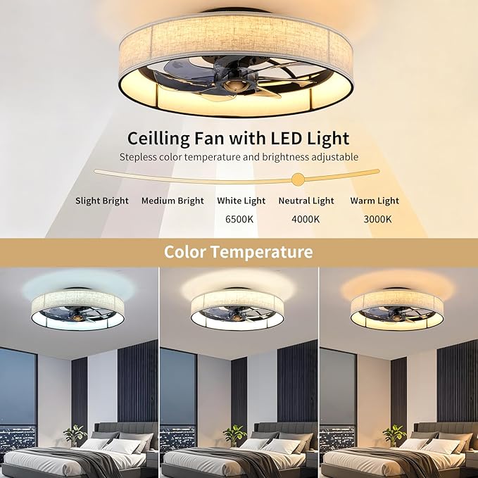 19.6" Low Profile Caged Ceiling Fan with Light and Remote,Flush Mount Smart Fandelier, 6 Speed Settings, Adjustable 3000K-6500K LED, Bladeless Fabric Design, Modern Farmhouse Ceiling Fans for Bedroom