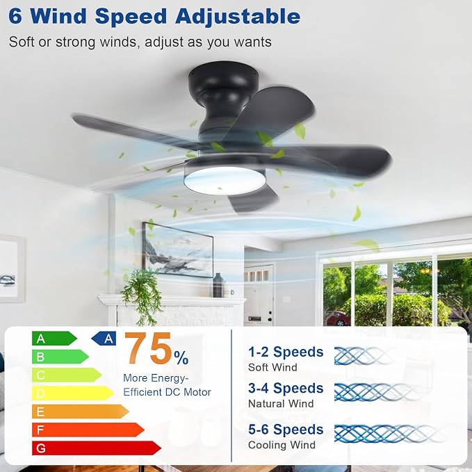 Depuley Black Ceiling Fan with Lights: 28-Inch Flush Mount Fan with Light and Remote - Low Profile Ceiling Fans Reversible Quiet DC Motor for Bedroom Living Room Indoor Outdoor