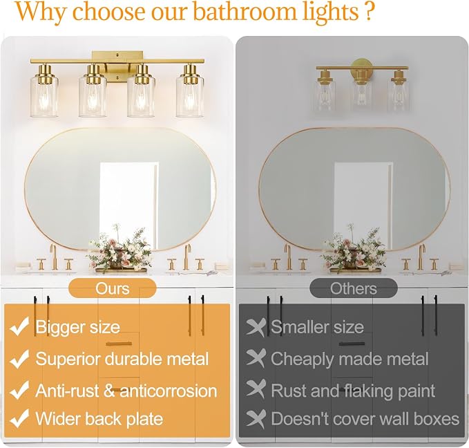 Indoi 4-Light Bathroom Light Fixtures, Brushed Gold Modern Vanity Lights with Clear Glass Shades, Bathroom Wall Lamp for Mirror Living Room Cabinet Bedroom Porch