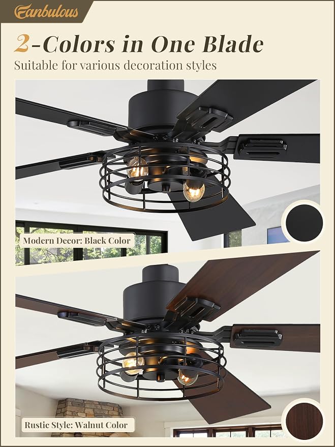 Fanbulous 1 Pack Farmhouse 42 Inch Ceiling Fans with Lights, Black Industrial Caged Ceiling Fans for Bedroom Living Room, Double-Sided 5 Blades Rustic Ceiling Fan