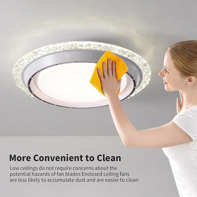 AHAWILL 19.29'' Bladeless Ceiling Fan with Light,Modern Crystal Ceiling Fan with Remote Control,Enclosed Flush Mount Fandelier,6 Wind Speed,Dimmable LED,White,for Bedroom Kitchen Dining Room