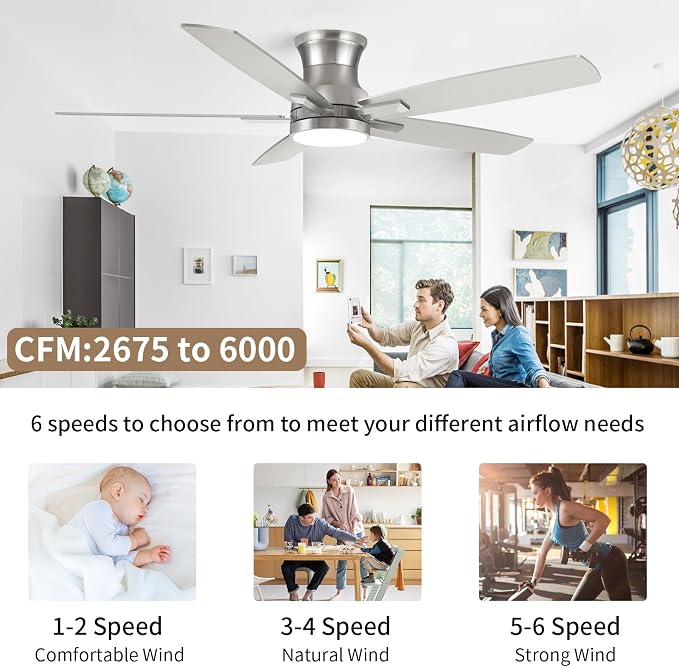 52 Inch Flush Mount Brushed Nickel Ceiling Fan with Light and Remote Control.Noiseless,Dimmable,3CCT,6 Speeds Reversible, Low Profile DC Ceiling Fans for Indoor or Covered Outdoor Use,ETL Listed