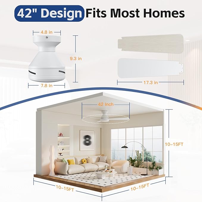 Ceiling Fans with Lights, 42 Inch Ceiling Fan with Light And Remote, 3CCT Flush Moun Low Profile Ceiling Fans, 6 Speed Noiseless LED Ceiling Fan, White Ceilings Fan with Remote for Bedroom Living Room