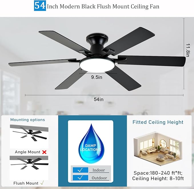 Ceiling Fans with Lights,54 Inch Low Profile Ceiling Fan with Light and Remote Control,6 Speeds/6 Blade,Flush Mount,LED Dimmable DC Reversible Modern, Black Ceiling Fan for Bedroom/Living Room