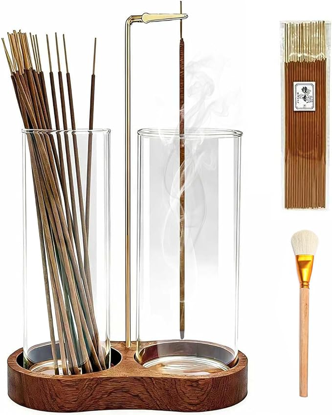 Ceremony Incense Holder, 2 in 1 Wooden Incense Holder for Sticks, Anti-ash Incense Burner with Glass Ash Catcher for Meditation Yoga Spa Room Decor