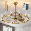 44" Wagon Wheel Chandelier Ceiling Fans with Lights and Remote with APP, 12-Lights Farmhouse Fandelier Fans with Glass Shade, Gold Industrial Lighting Fixture for Dining Living Room, Kitchen Island