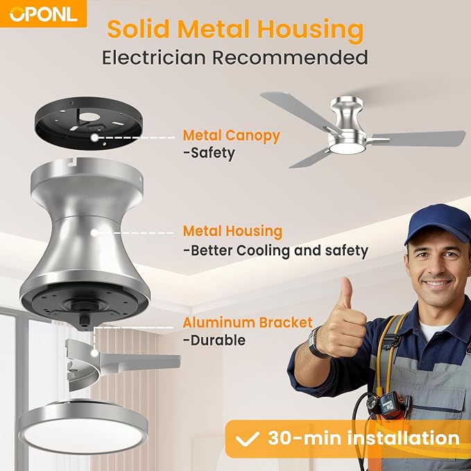 OPONL Ceiling Fan with Light, 42 inch Low Profile Ceiling fan with Light and Remote Control, Reversible, 6CCT, Dimmable, Noiseless, Nickel Ceiling Fan for Bedroom, Indoor/Outdoor Use, Modern