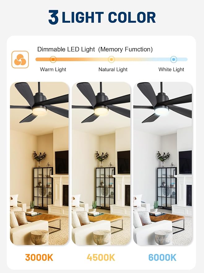 Sofucor Black Ceiling Fan with Lights and Remote, 52 Inch Modern Wood Ceiling Fan for Indoor Farmhouse Bedroom Living Room Outdoor Patio Porch, Reversible DC Motor, 5 Blade