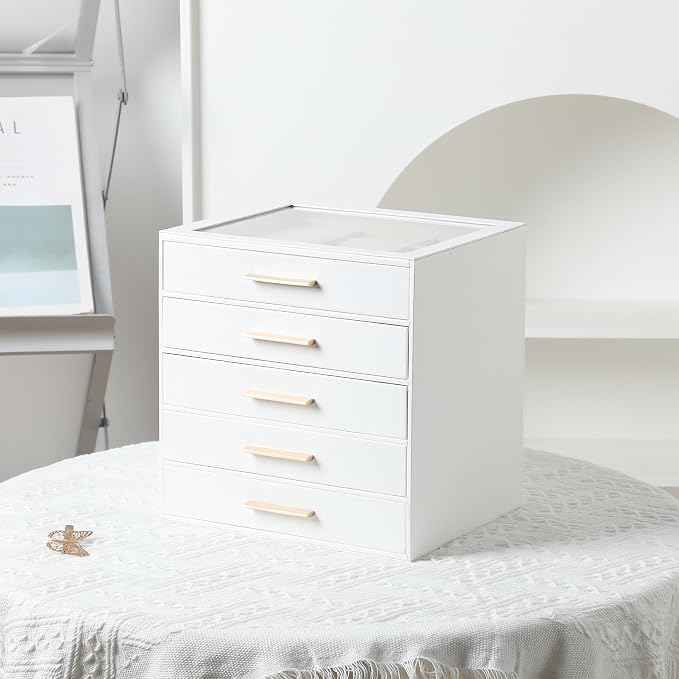 Frebeauty Jewelry Box for Women,Clear Lid Jewelry Organizer with 5 Drawers | Faux Leather,Velvet Lining,5-Layer Large Capacity,Jewelry Storage for Rings Earrings,Dustproof Design,Golden Stylish Handle