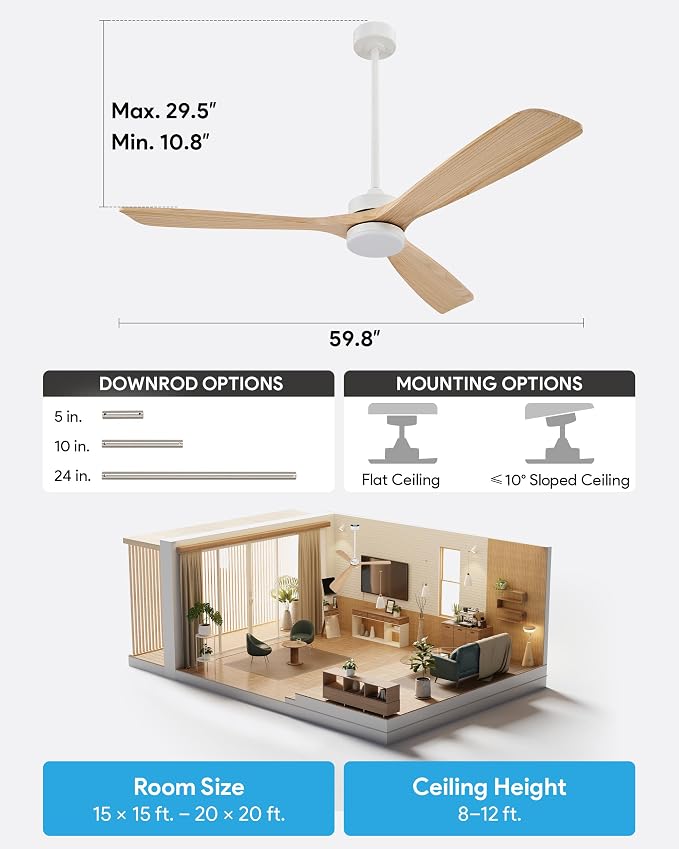 VONLUCE Wood Ceiling Fan with Lights, 60 Inch Ceiling Fan and Remote, 6 Speed Reversible Noiseless DC Motor, 3CCT, Solid Wood Outdoor Ceiling Fan for Patios Farmhouse, White