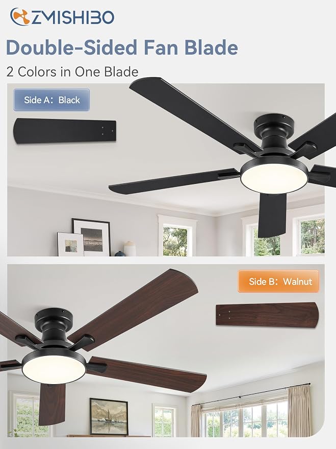 ZMISHIBO 52 Inch Flush Mount Ceiling Fan with Light, Remote&APP, Black | 6-Speed Quiet DC Motor, Dimmable 24W LED with 3CCT (3000K-6500K), Modern Low Profile for Living Room, Bedroom, Kitchen