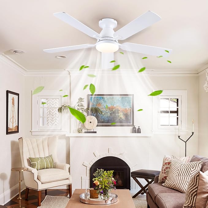 Mpayel 52 Inch Ceiling Fans with Lights and Remote, White Ceiling Fan with Light Flush Mount, Low Noise, Reversible, Dimmable, Modern Low Profile Ceiling Fan with Light for Bedroom Indoor Outdoor