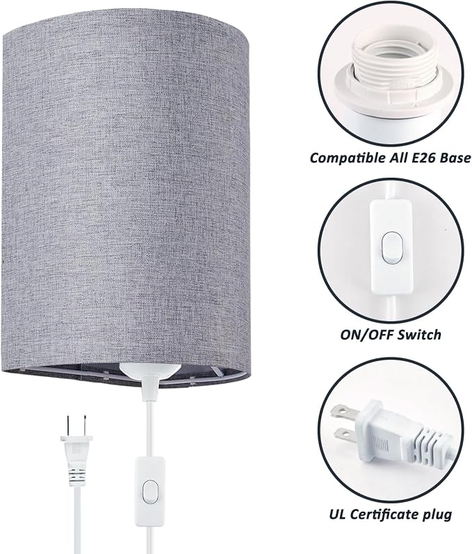Wall Sconces Set of 2, Plug in Wall Sconces with On/Off Switch, 3-Color Selectable (3000K/4000K/6000K), Fabric Linen Lamp Shades, No Wiring Required, Ideal for Bedroom, Living Room, and Porch (Grey)