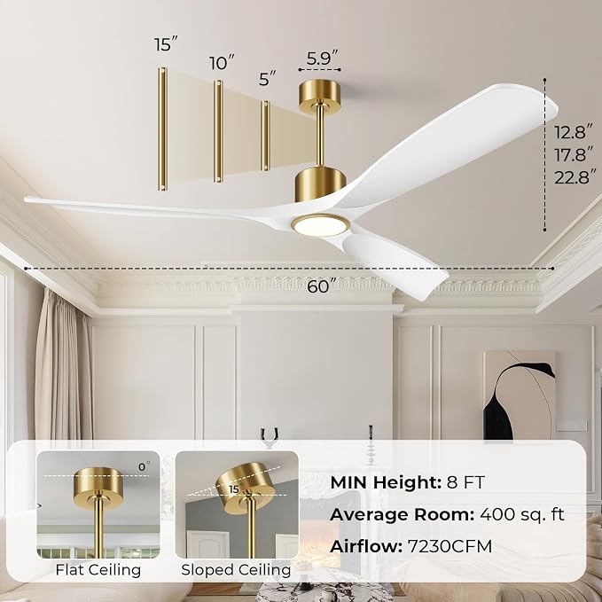 60" Ceiling Fan with Lights,Outdoor Ceiling Fan Work Smart with Alexa/Gg/App/Remote,3-Color Light 6-Speed Quiet Reversible DC Motor for Patio Porch,White and Gold