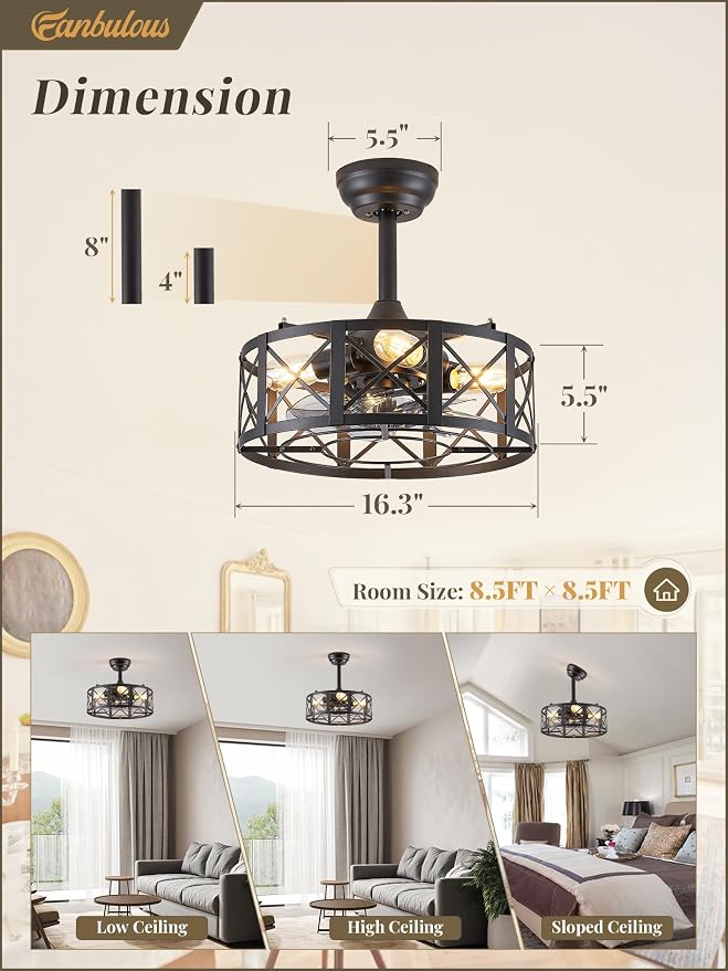 Fanbulous 16in Black Fandelier Ceiling Fans with Lights and Remote, Caged Enclosed Farmhouse Ceiling Fan with 6 Speeds and Timing, Small Bladeless Chandelier Fan Lights Ceiling Fixtures-Black