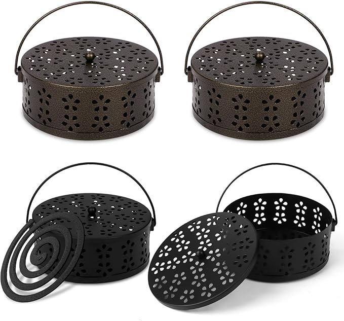 4 Pieces Mosquito Coil Holder Portable Mosquito Incense Holder with Handle Round Metal Sandalwood Incense Burner for Home Camping Indoor Outdoor Patio (Black and Bronze)