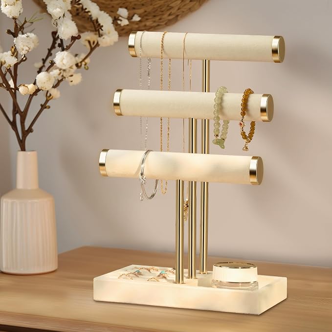 Jewelry Organizer Stand Display, 3 Tier Velvet Bracelet Holder, Beige | Jewelry Organizers and Storage | Jewelry Tree | Jewelry Towers for Necklaces, Bracelets, Earrings, Rings