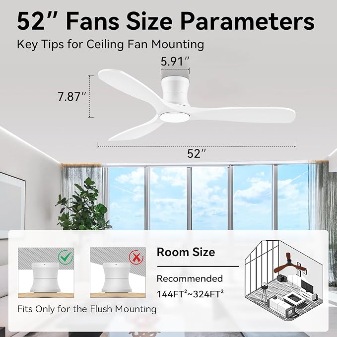 Livory 52” Wood Smart Flush Mount Ceiling Fans with Lights and Remote,Quiet DC Motor,Outdoor Indoor Ultra Low Profile Ceiling Fan works with Alexa WIFI APP,Modern White Ceiling Fan for Bedroom Patio