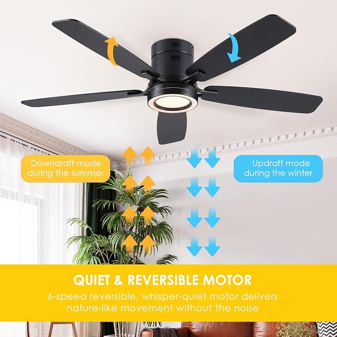52 Inch Modern Ceiling Fans with Lights Flush Mount Indoor, Black | Low Profile, Dimmable LED, Reversible, Quiet DC Motor, Wooden Blades, for Modern Apartment Bedroom Home Office Living Room